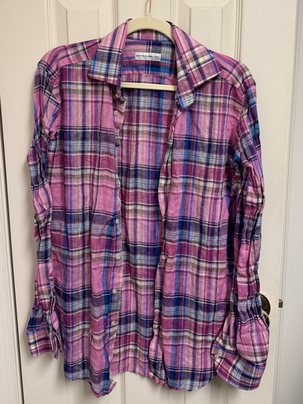 Etro Pink Plaid Button-Down Shirt with Blue Accents
